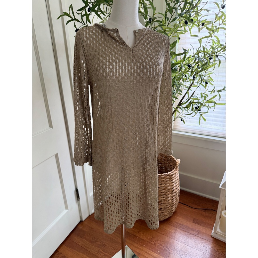 Deby Debo Metallic Gold Crochet Knit Tunic Dress Long Sleeve Coverup Size Small